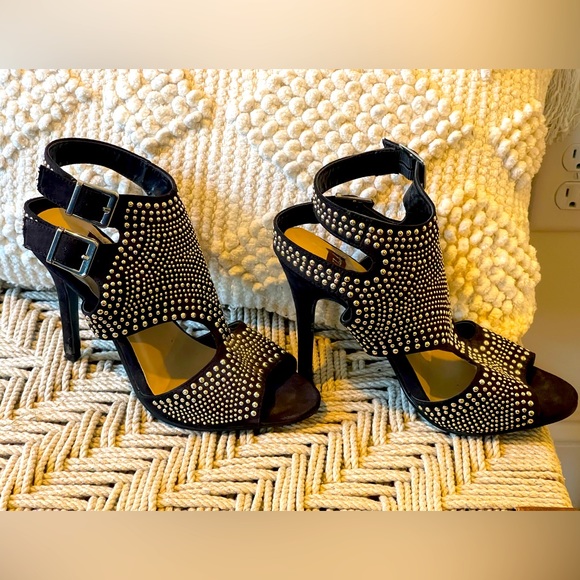 Silver Studded Double Ankle Strap Black Heels size 7 - Picture 1 of 8